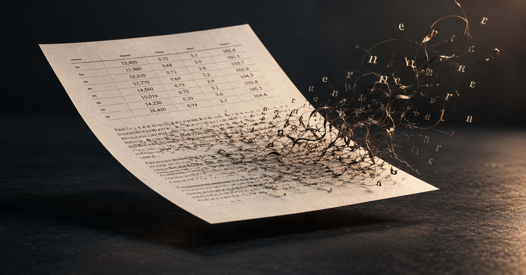A financial table remains intact as the prose beneath it unravels.